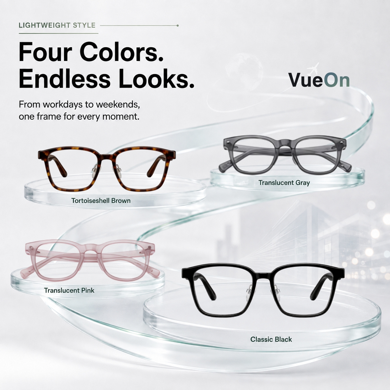 VueOn AI Smart Glasses in four colors