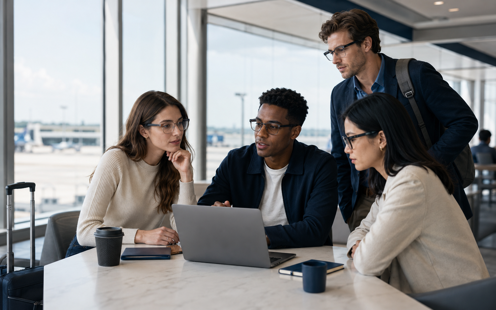 Professionals wearing smart glasses while working at an airport